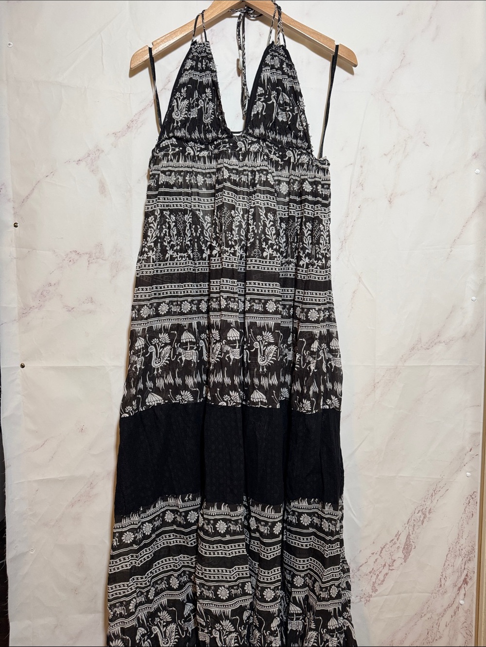 Free People Elephant Print Halter Maxi Dress Black Ivory Size Medium